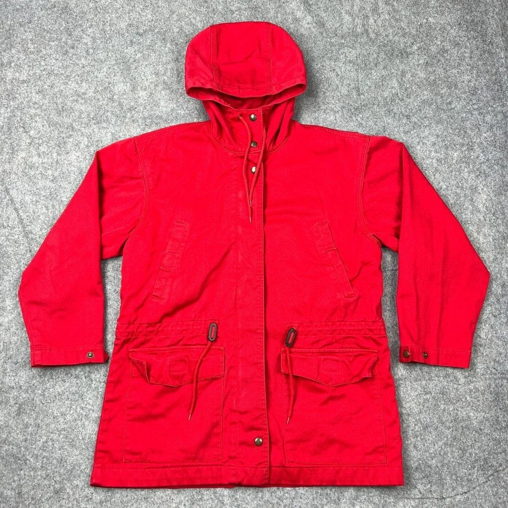 VTG Eddie Bauer Jacket Womens Medium Red Hooded Zip Snap Cotton Outdoors Pockets